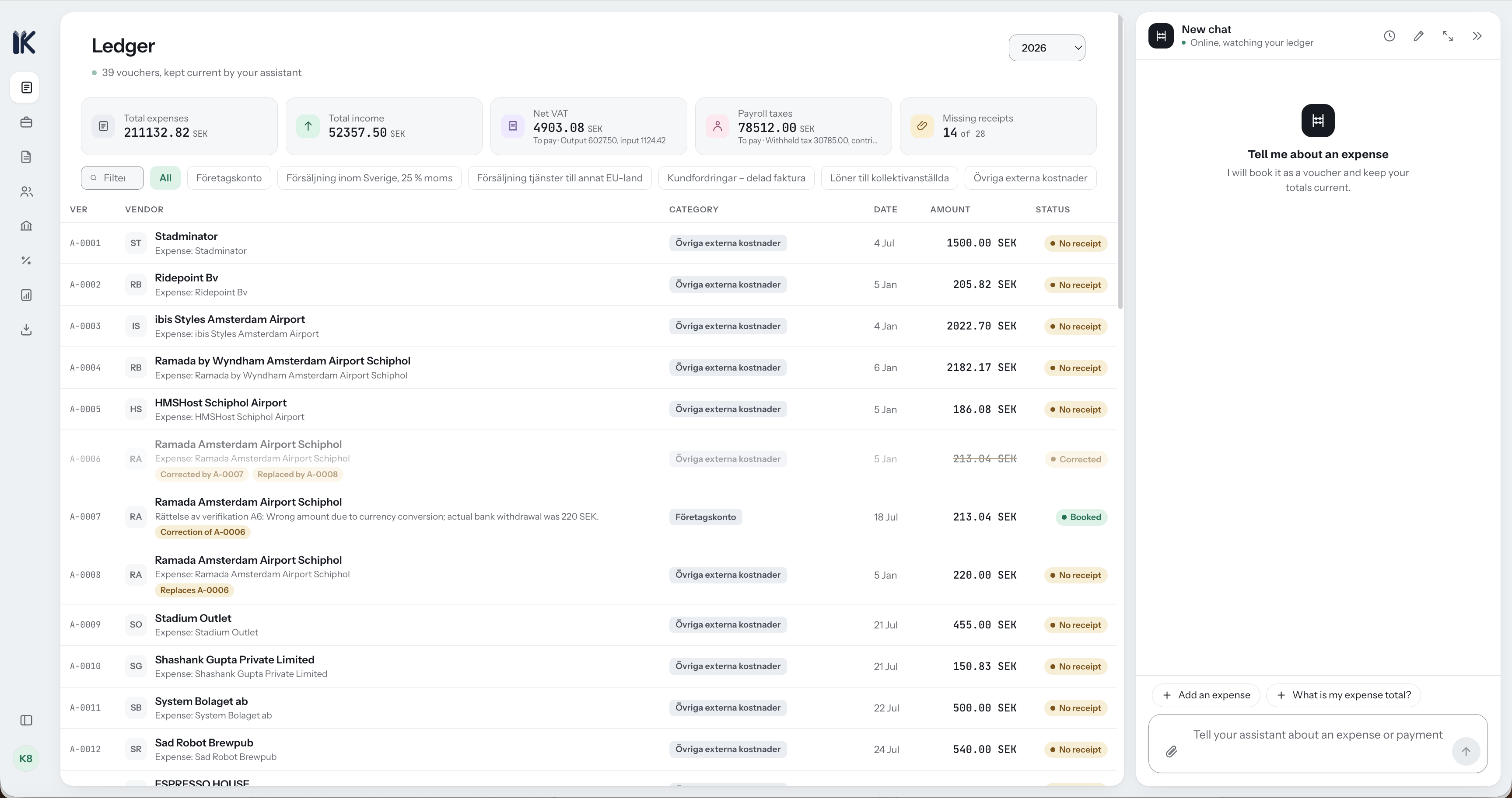 Ledger with a correction chain