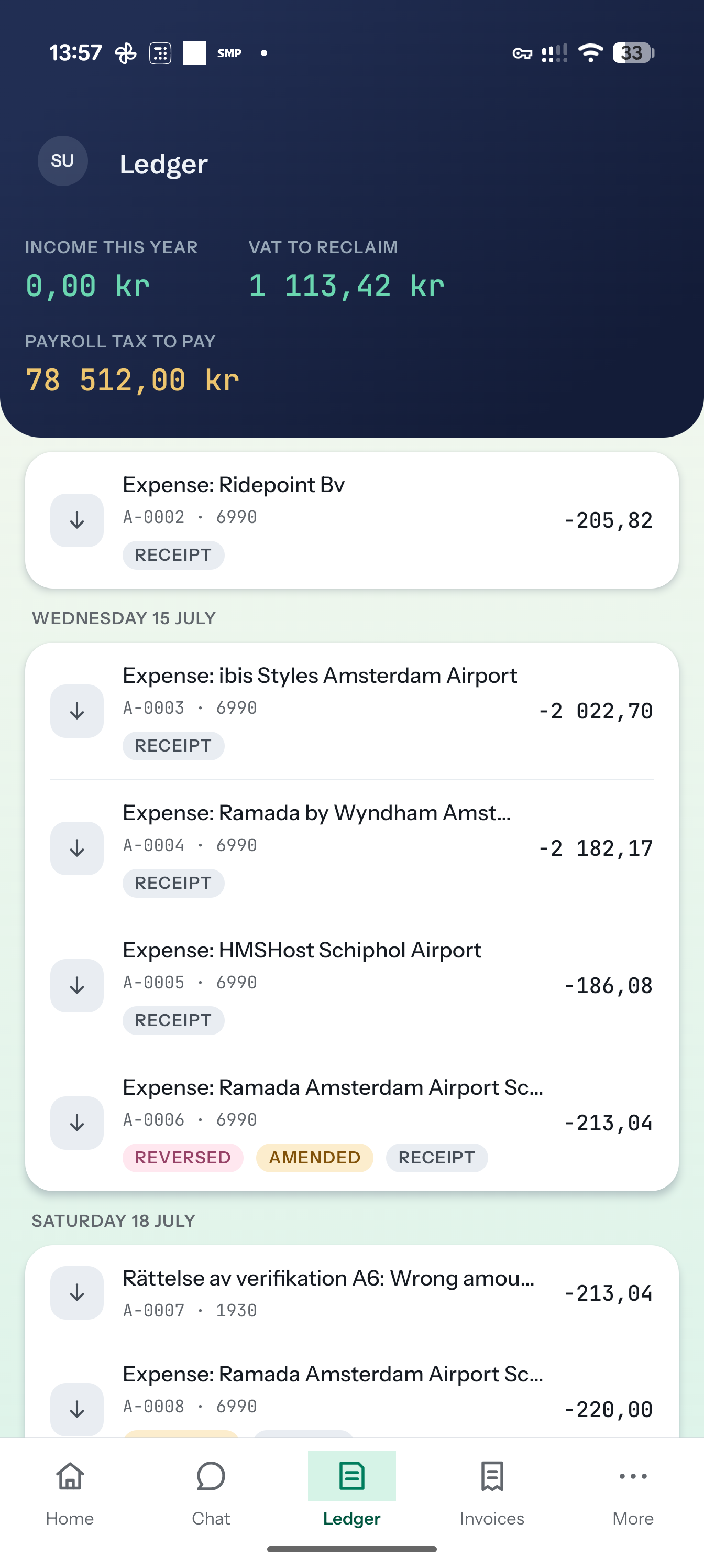 Ledger on mobile with corrected entries