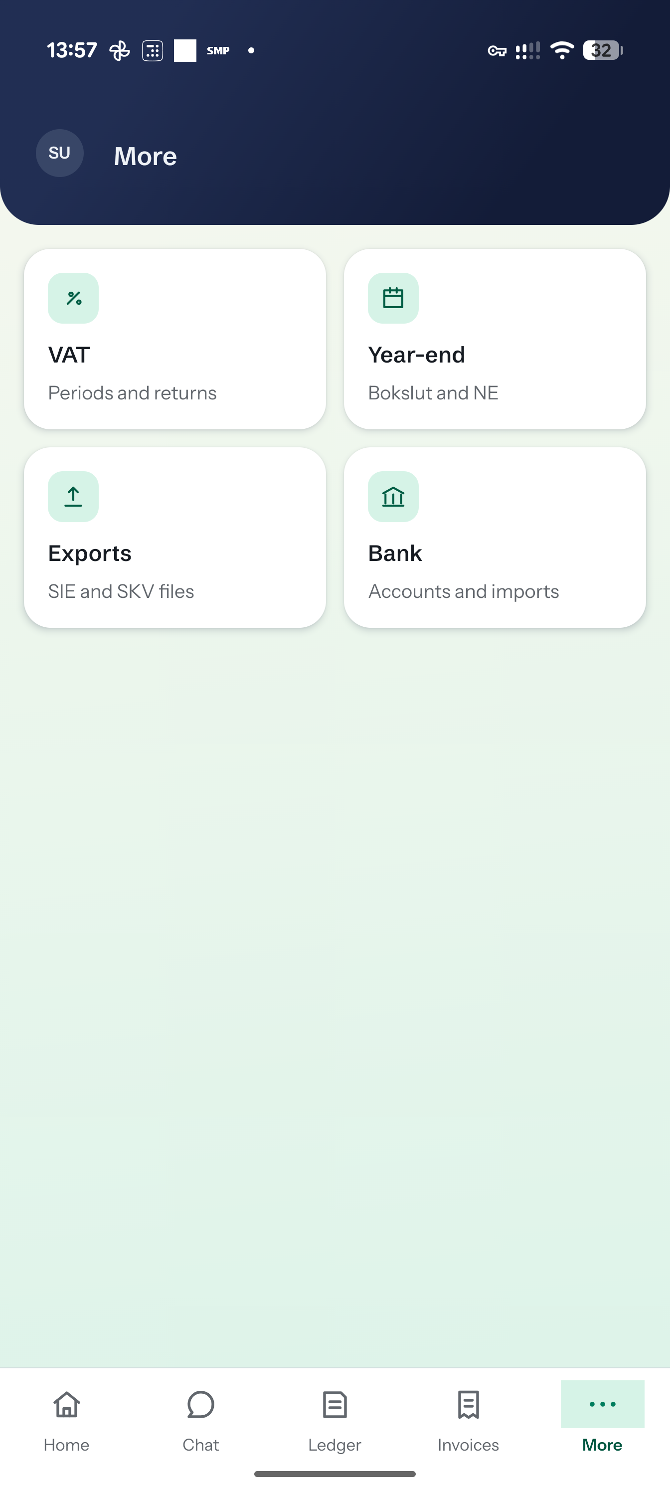 Kulram menu with bank accounts and imports